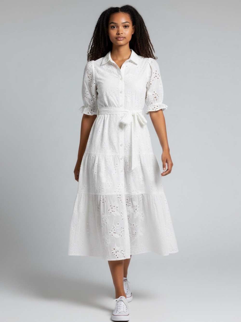 Kindred Medium white floral embroidered shirtdress with a matching tie belt